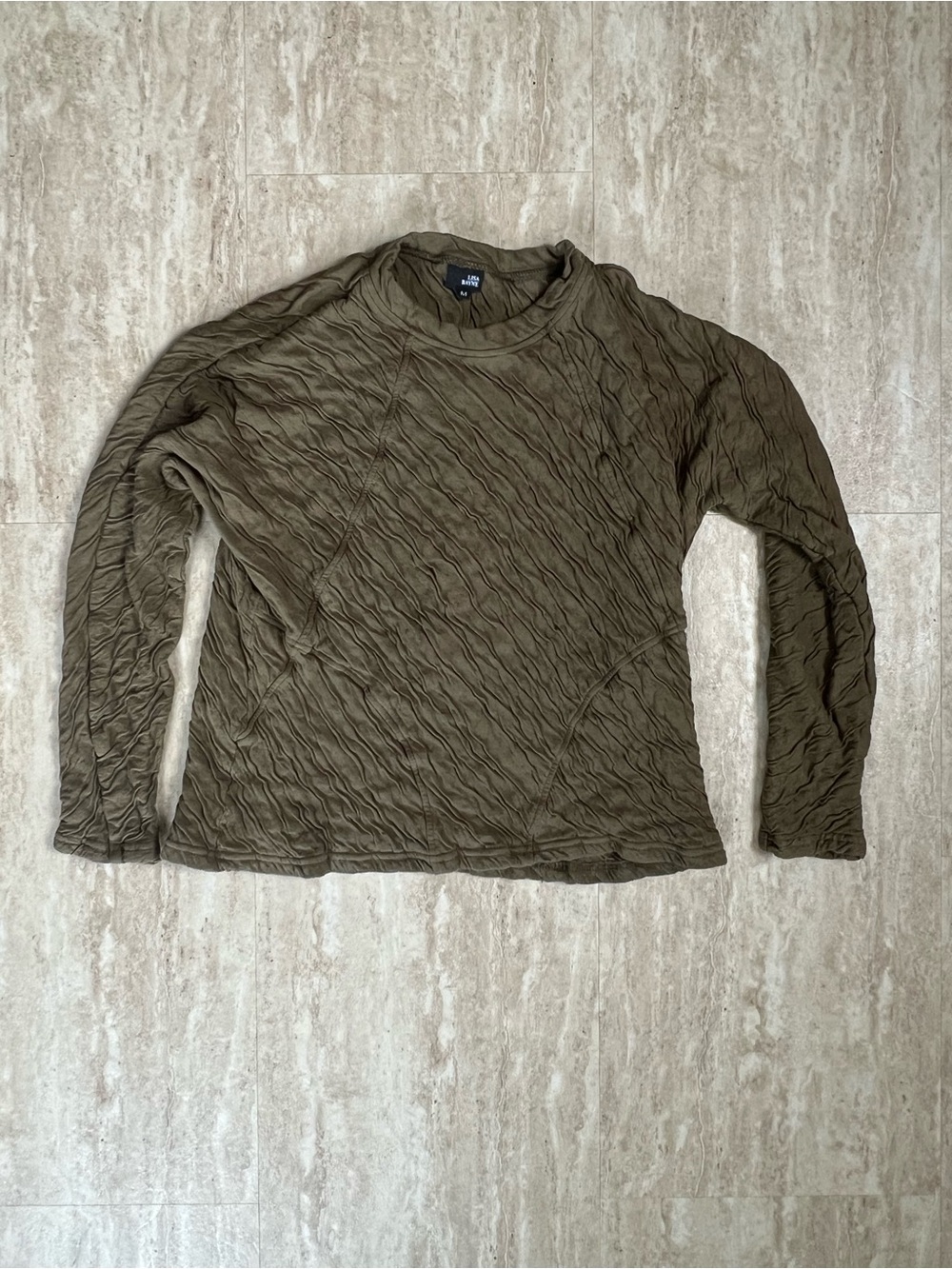 Lisa Bayne Matcha Olive Crewneck Textured Cotton Long Sleeve Top Made in USA MED